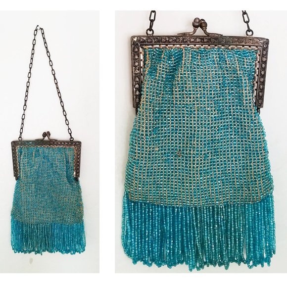 RARE Antique Vintage 20s Purse Beaded Purse Micro Beads Aquamarine